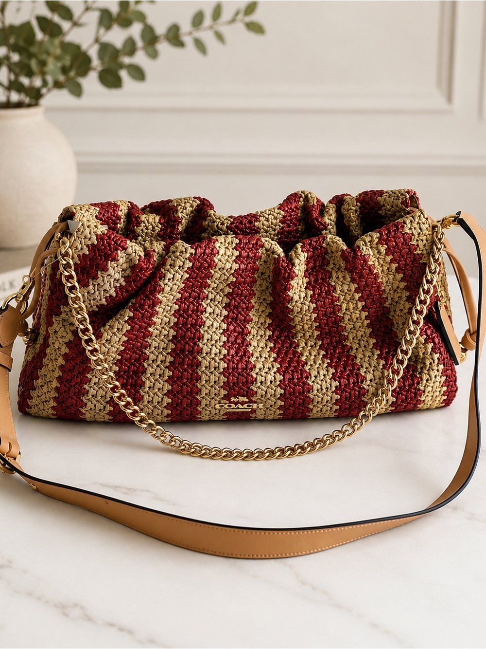 Coach Striped Raffia Shoulder Bag in Red and Tan Leather